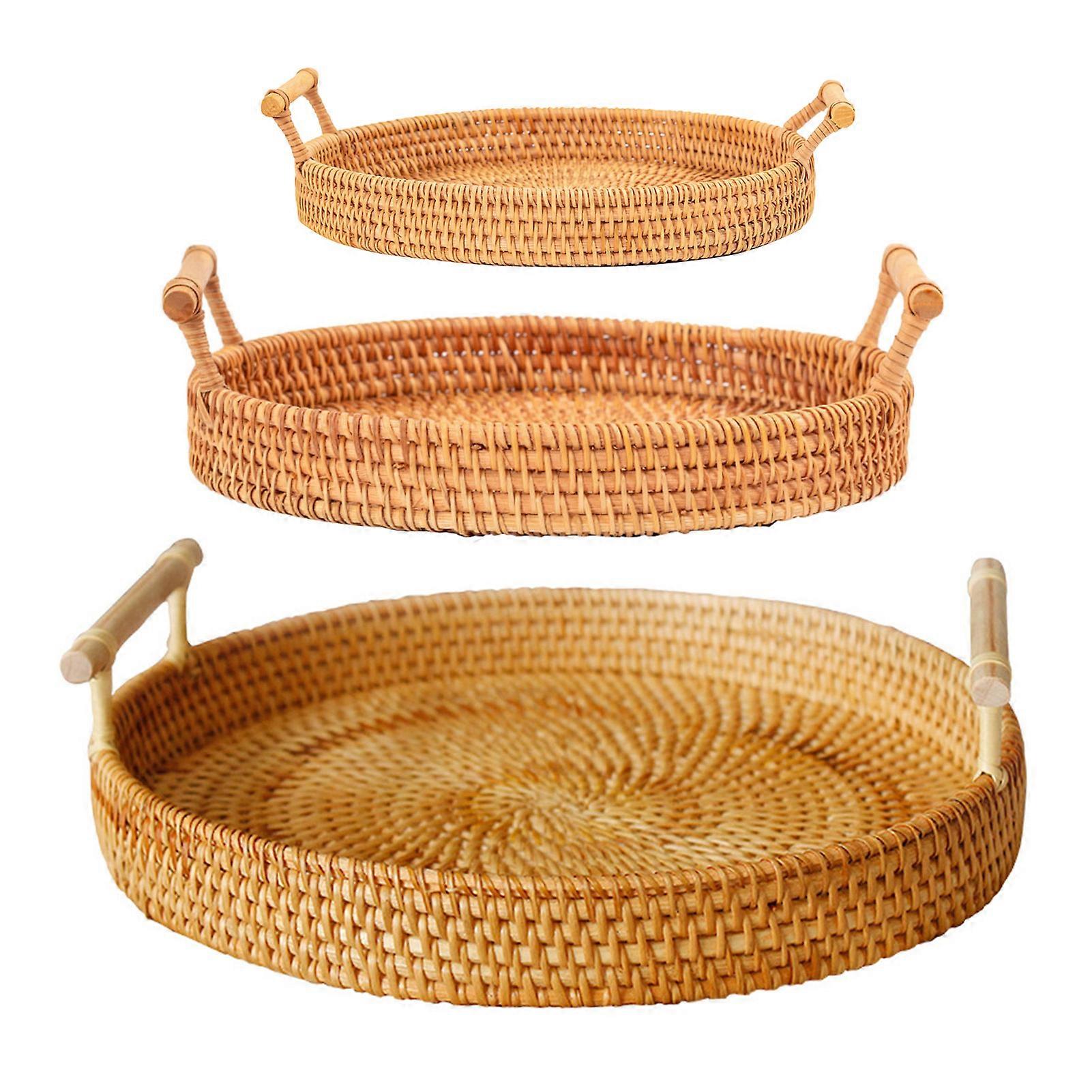 1/3pcs Hand Woven Round Rattan Serving Tray Bread Fruit Dessert Snack Basket with Handles Height 3/4cm