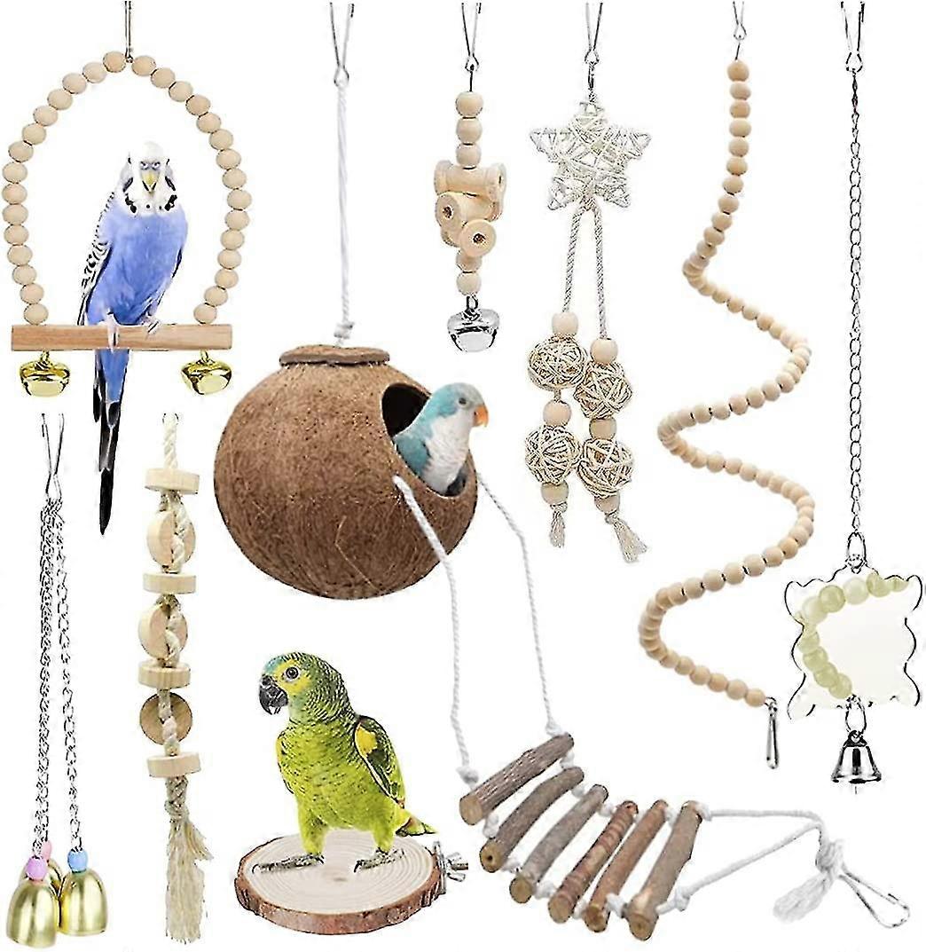 9 Pieces Parrot Chew Natural Wood And Rope Bungee Bird Toys