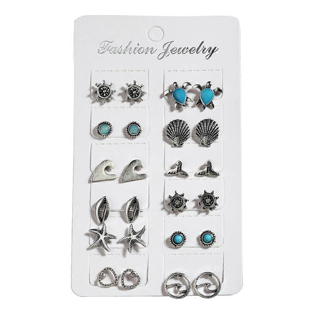 12 Pairs Ear Studs Set Turtle Starfish Shell Earrings Alloy for Daily Use