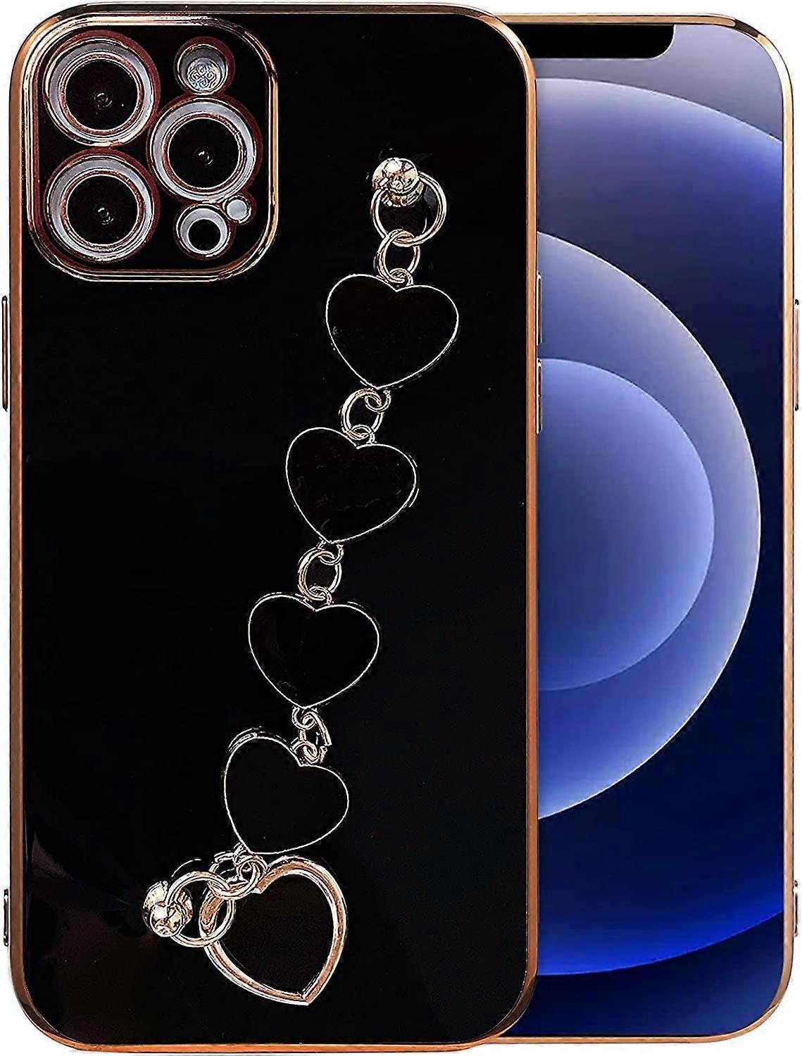 Compatible with iPhone 12 Pro Max Case 6.7 inch 2020 Release Luxury Plating Soft TPU Case with Love Heart Chain Bracelet Strap Shiny Cute Pretty Prote