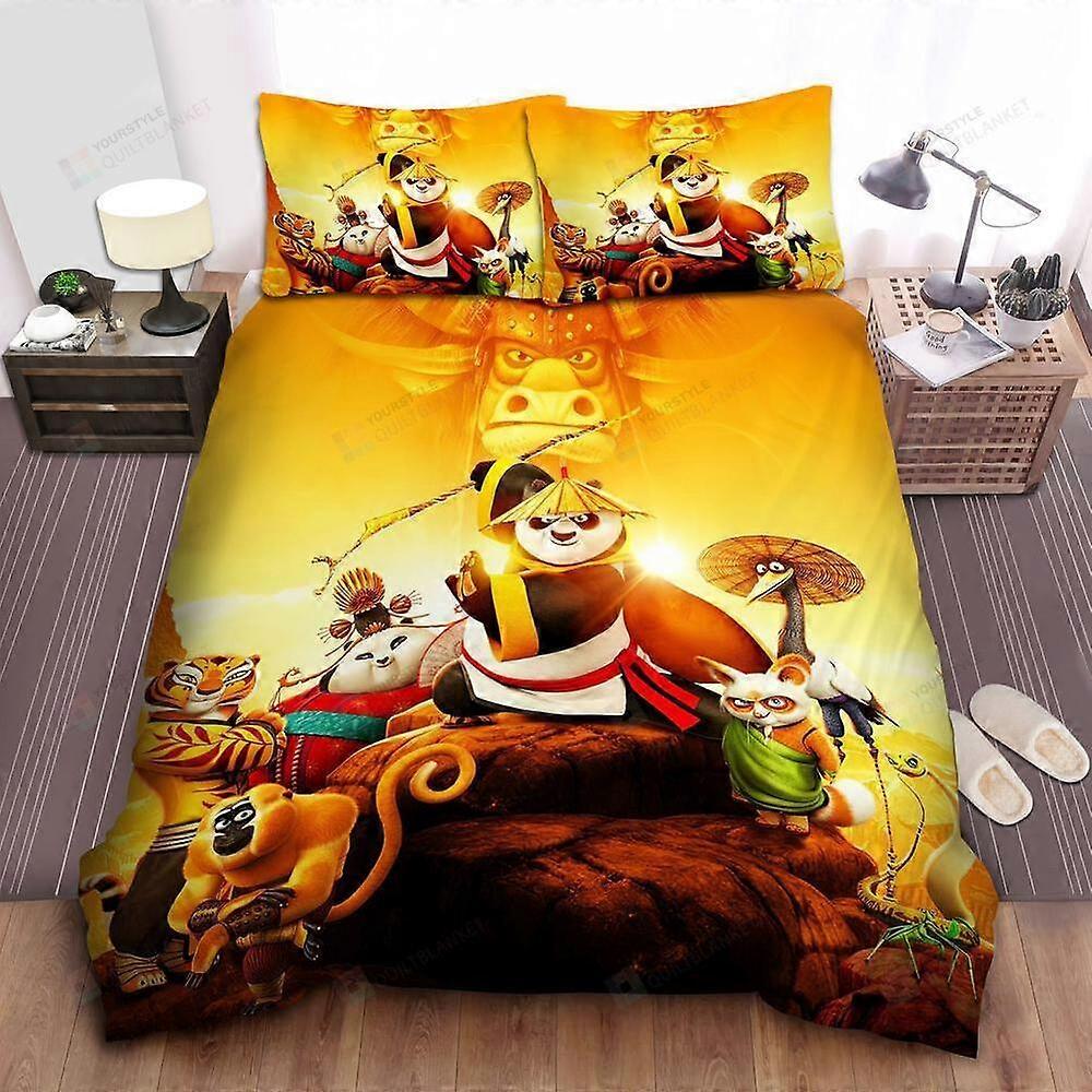 v2436 Lençóis Kung Fu Panda 3 Todos os Personagens Búfalo e Montanhas Colcha Conjunto de Capa de EdredomConjunto de Cama de 3 Peças (1 Capa de Edredom + 2 Fronhas) Cama Sh