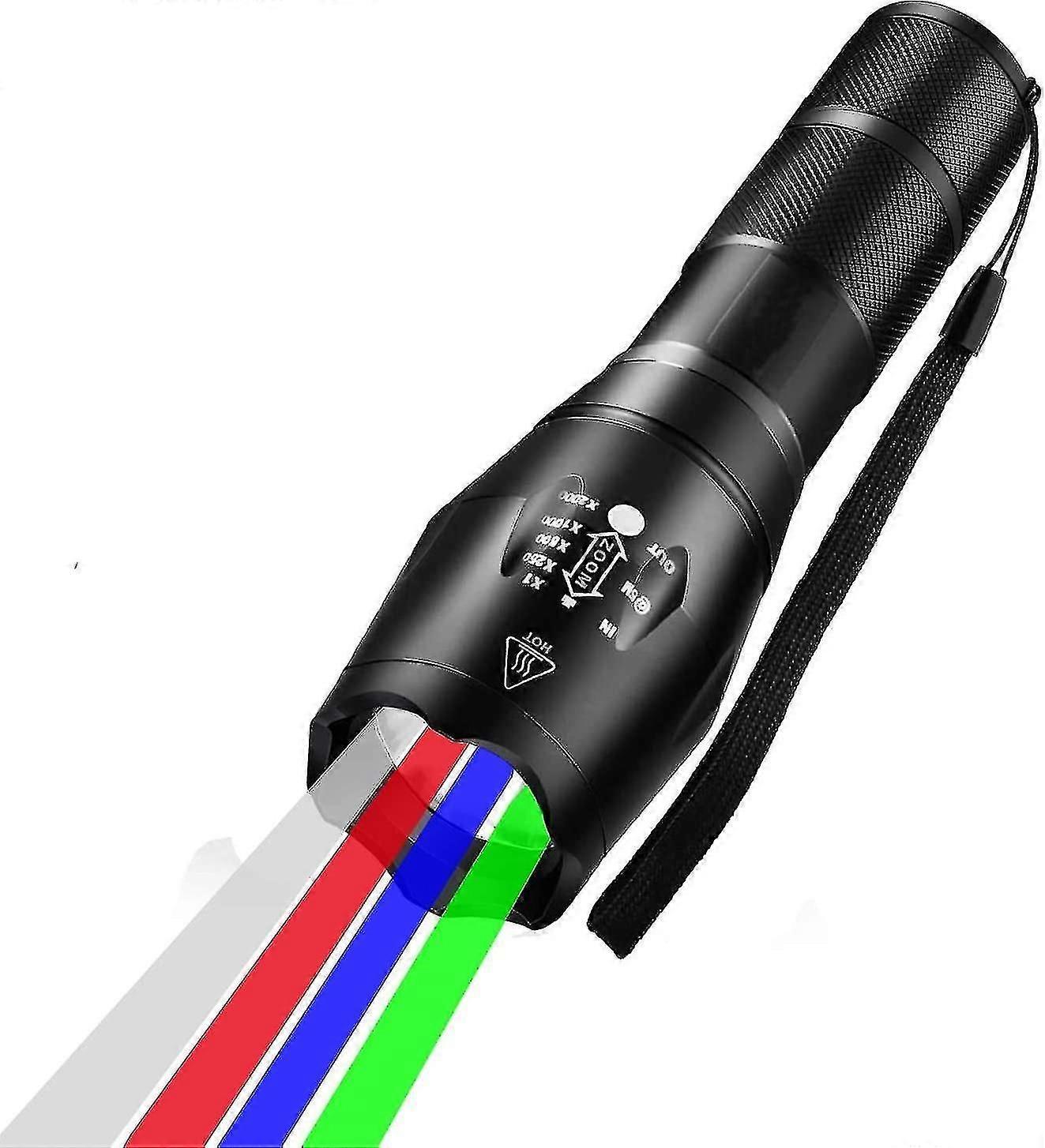 Lampe de poche multicolore 4 en 1, 300 lumens zoomable un mode blanc rouge vert bleu lumière, lampe de poche de chasse