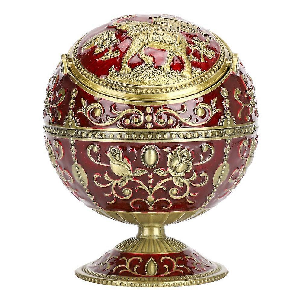Vintage Ashtray Tellurion Shape Elegant Pattern Zinc Alloy Wine Red with Cover Craft Gift