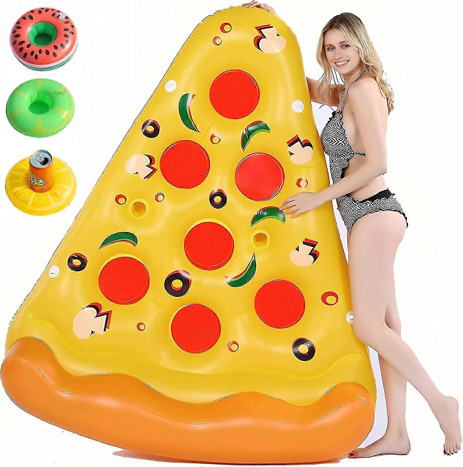 Giant Inflatable Pizza Slice Pool Float with 3pcs Inflatable Drink Holders, 180cm x 150cm Extra Large Inflatable Pool Float for Adults
