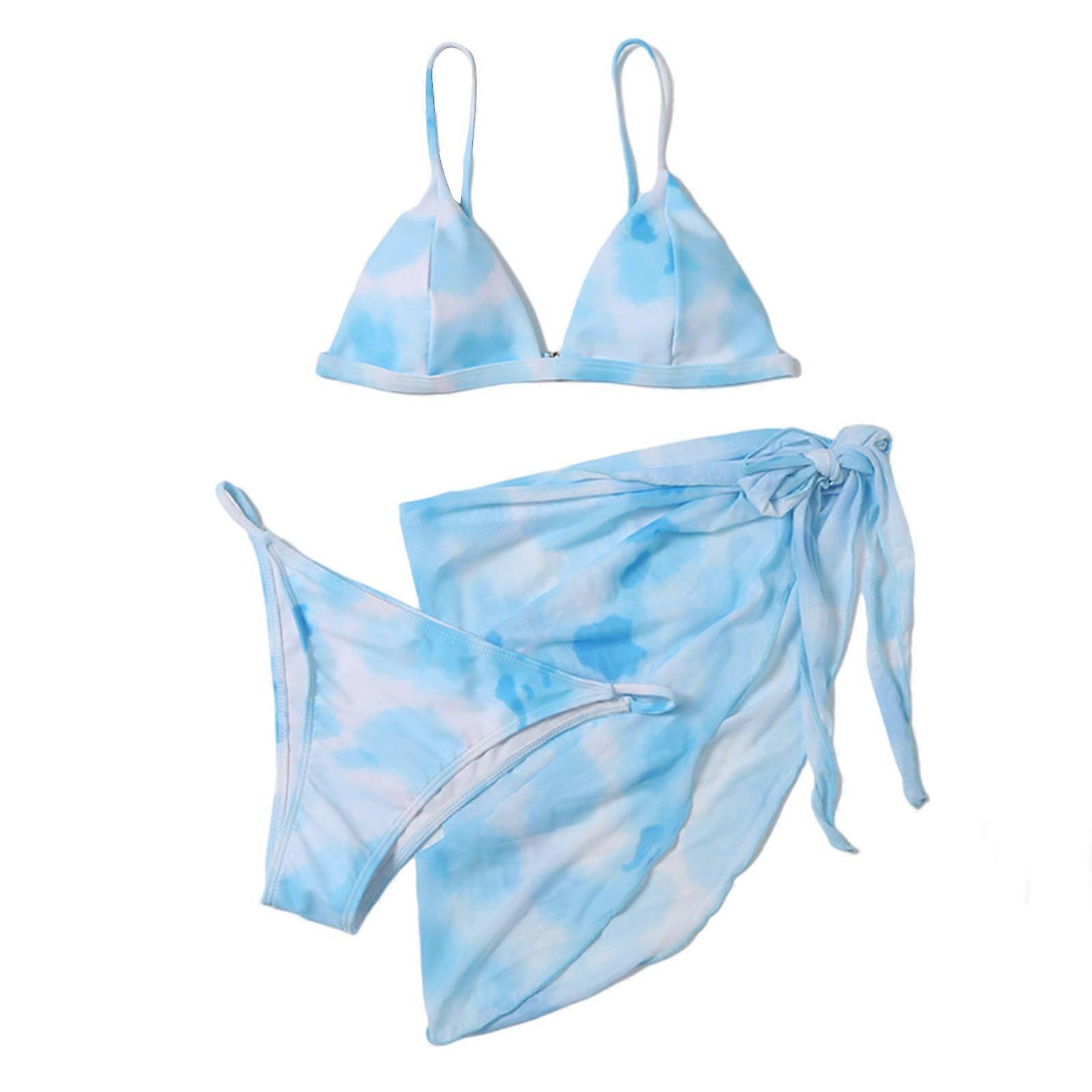 ثلاث قطع أنثى صبغ صبغ حقيبة ناعمة بيكيني معقود نساء مثير بدلة سباحة ملابس البحر عصري سبليت ملابس السباحة مجموعة السماء الأزرق XL