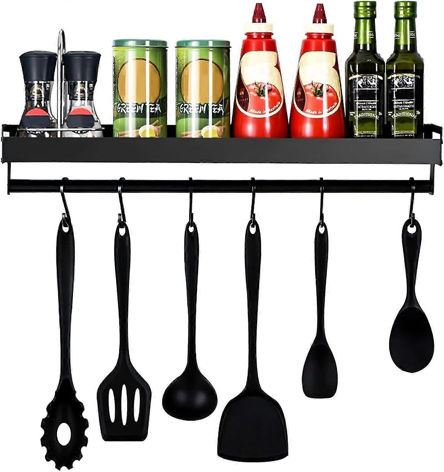 منظم حائط المطبخ ، رف مع خطافات ، سكة معلقة لأدوات المطبخ ، لا حاجة للحفر ، مع 6 خطافات قابلة للإزالة للمطبخ ، الحمام ، الردهة ، E