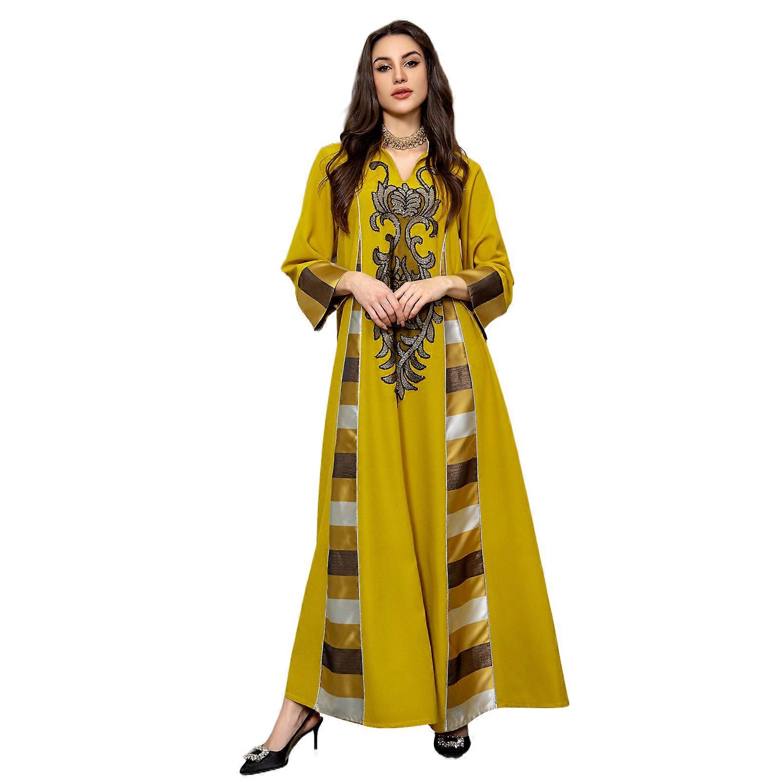 Robe caftan brodée pour femme, robe longue, robe islamique, robe de prière, jaune, XL