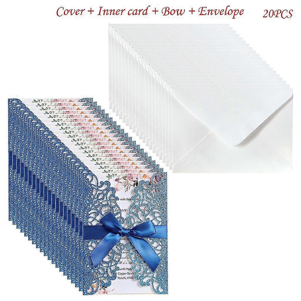 Blue20pcs Glitter Hollow Invitations Cards with Envelopes Ribbon for Wedding Invite