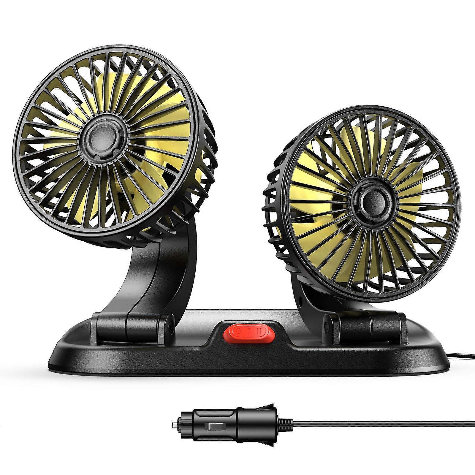 12V Car Fan Dual Head USB Fan 2024 Upgraded Brushless Motor, 3 Speeds, 360 Rotation, Cigarette Lighter Powered, SUV