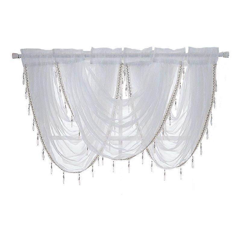 Betterlife Waterfall Valance Curtains for Windows,3 PCS Luxury Silver White Silk Line Beaded Curtain Valance Sheer Window Curtain with Tails
