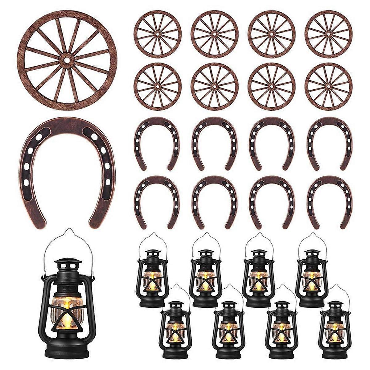 24Pcs Western Theme PartyDecorations Cowboy Table Centerpieces Lucky Horseshoe Mini Lanterns Wooden