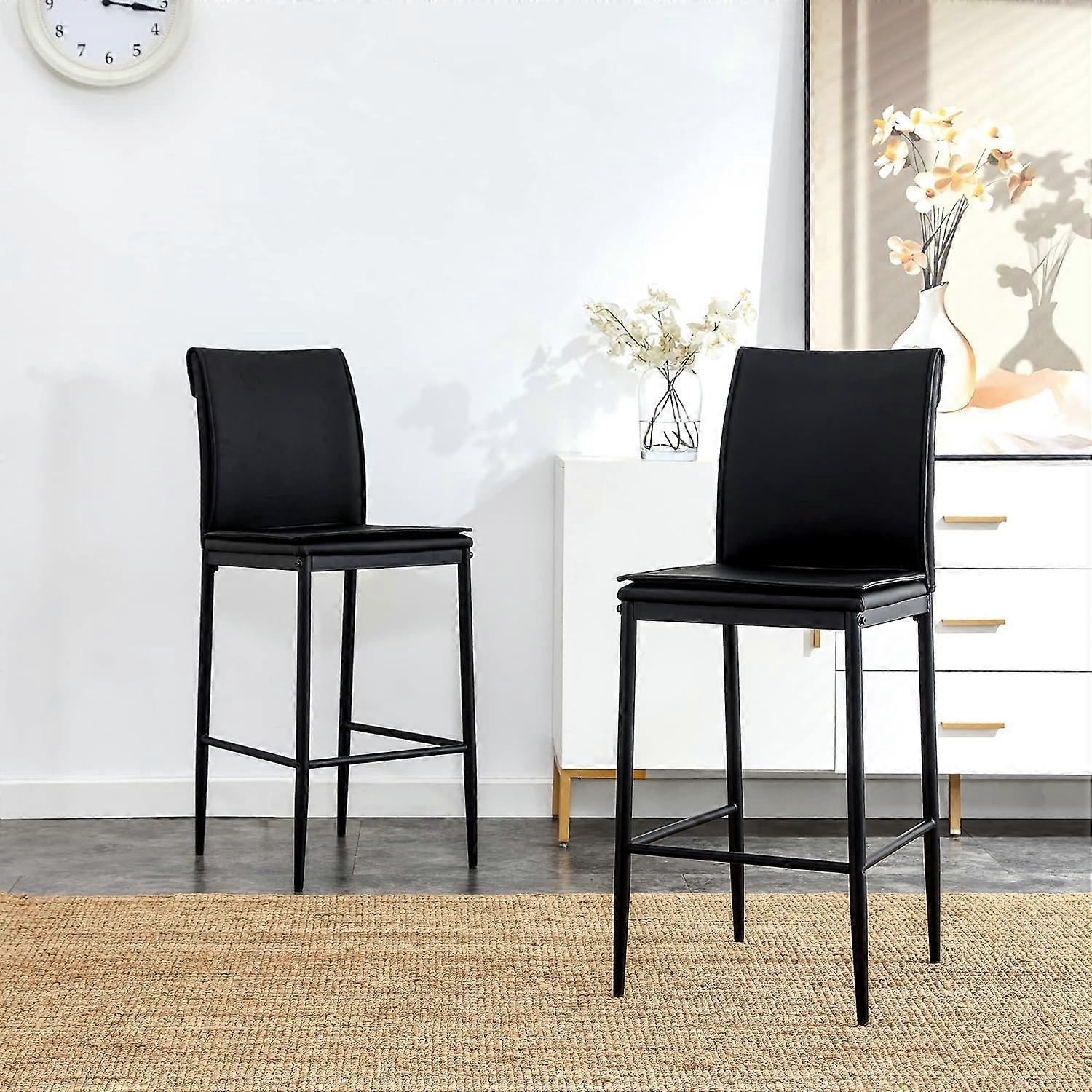 Bar Stool Counter Height Bar Stools Set of with 2 Metal Legs and Wingback, Leather (Black)