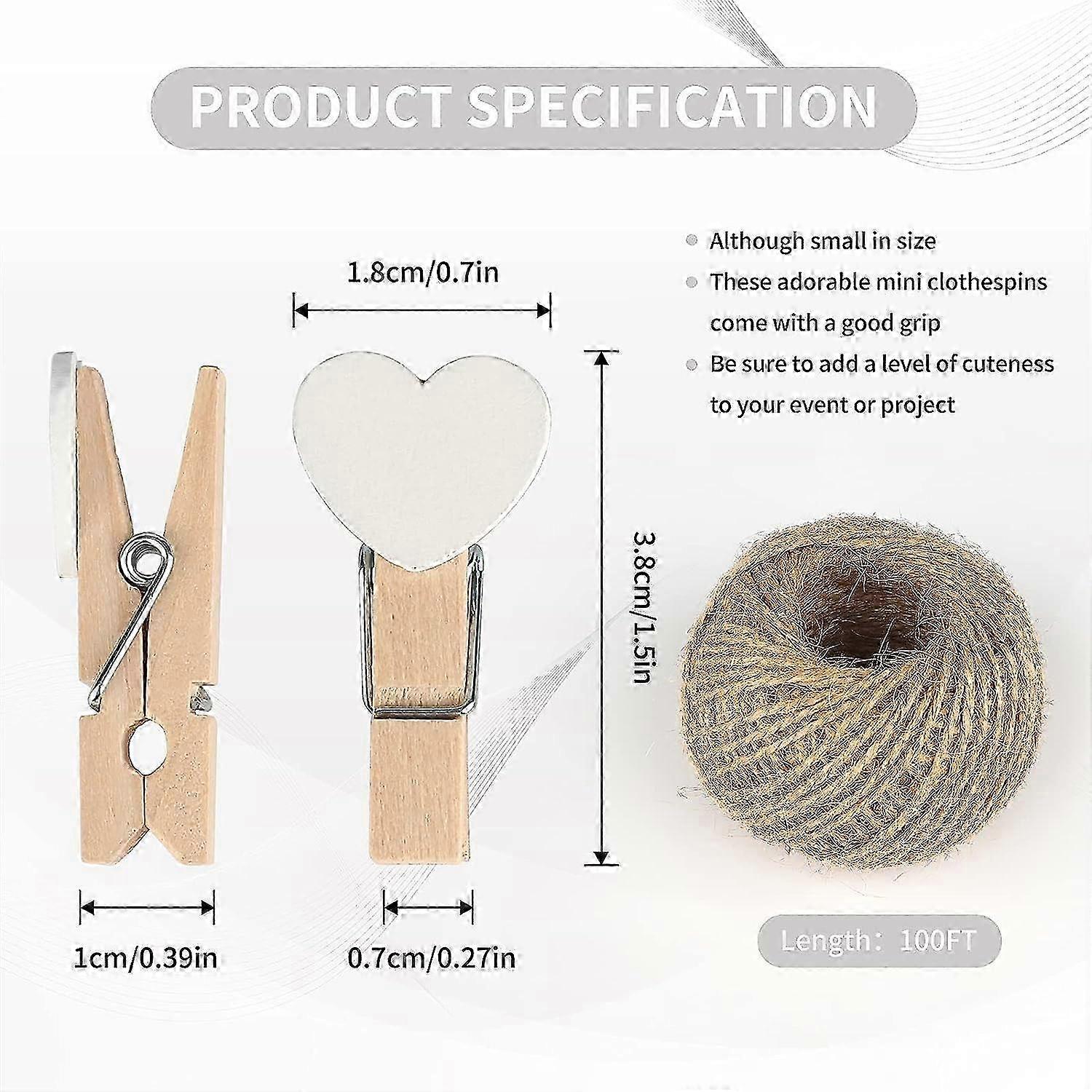 100 Pieces Mini Wooden Clothespins with 30M Jute Twine Ideal for Photo Display and Craft Projects (White)
