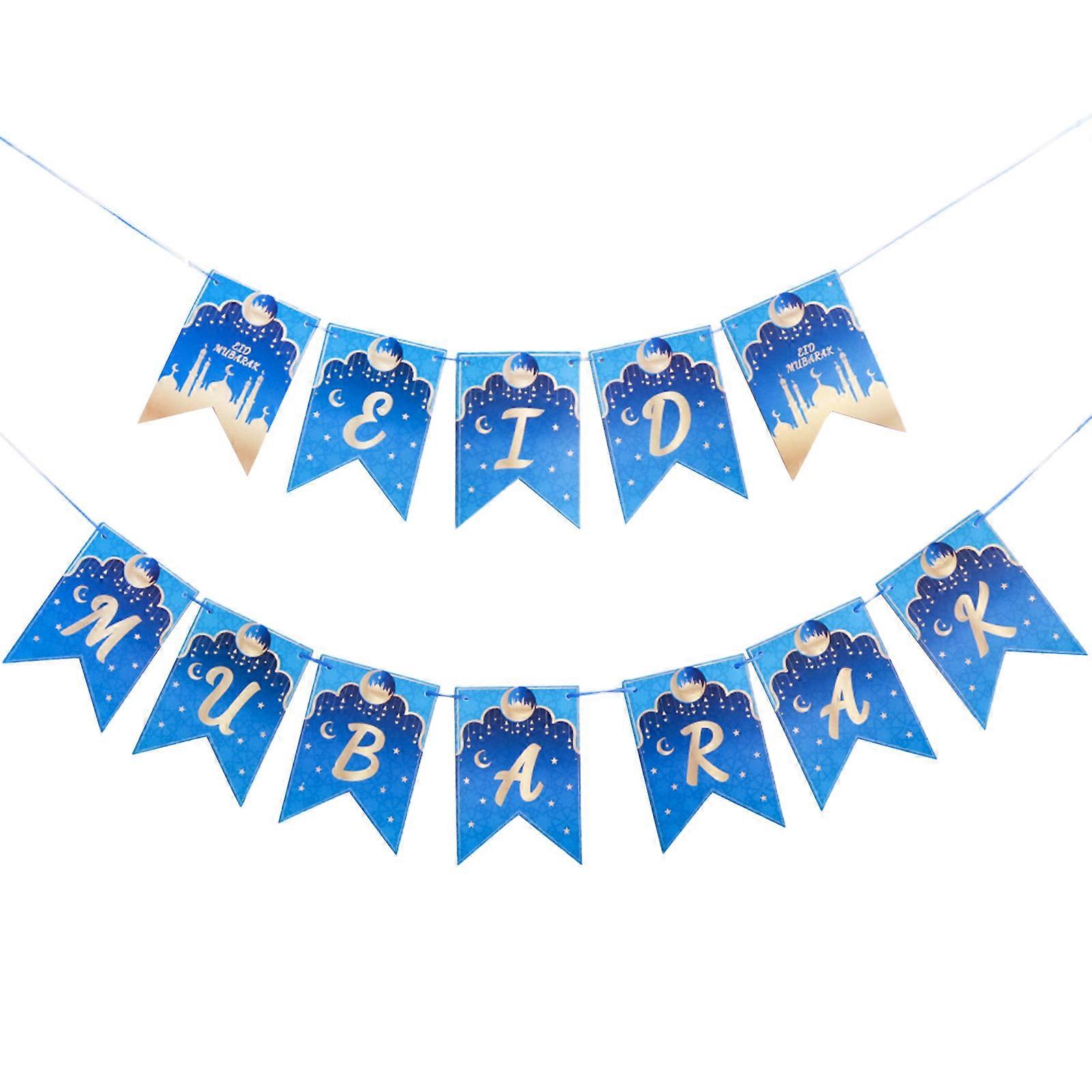 Eid Mubarak Blue for Banner 2022 Moon Star Pull Flag Background Decor Multicolor