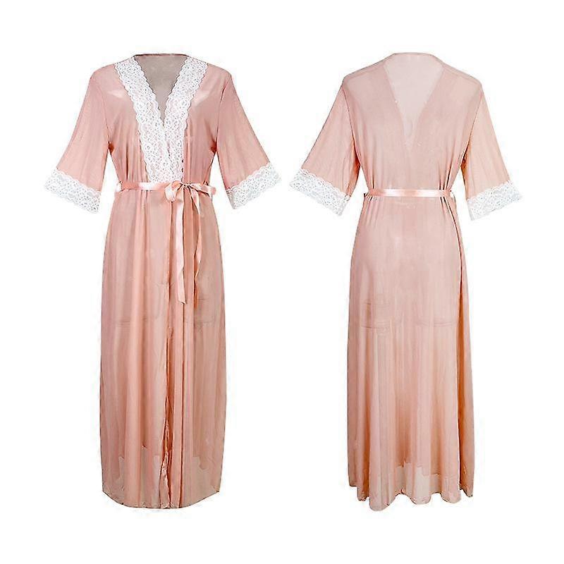 Elegant Lace-Trimmed Open-Front V-Neck Satin Bathrobe for Women