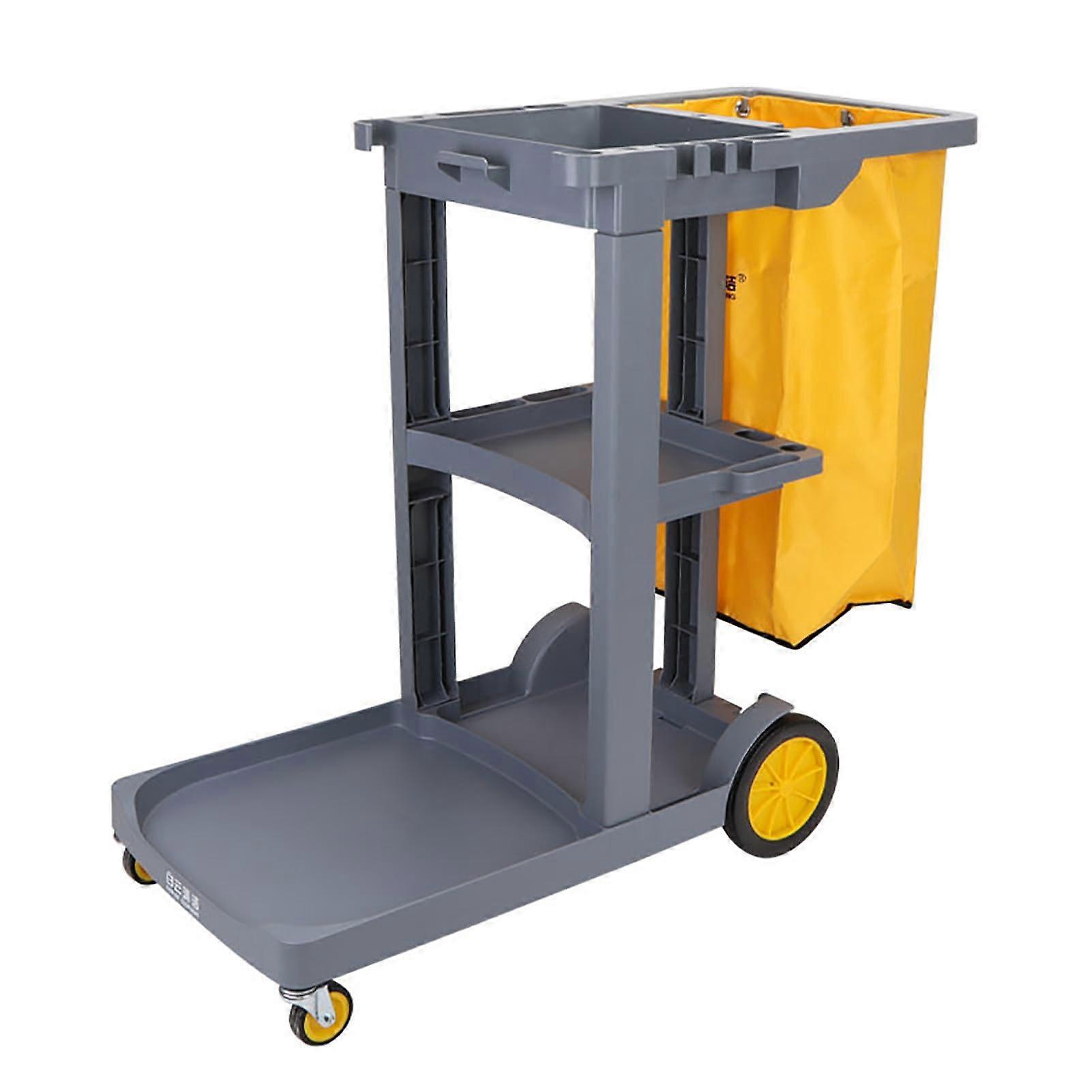 Commercial janitorial cart, cleaning cart with 3 shelves, cleaning cart with large capacity, wheels and bag, gray