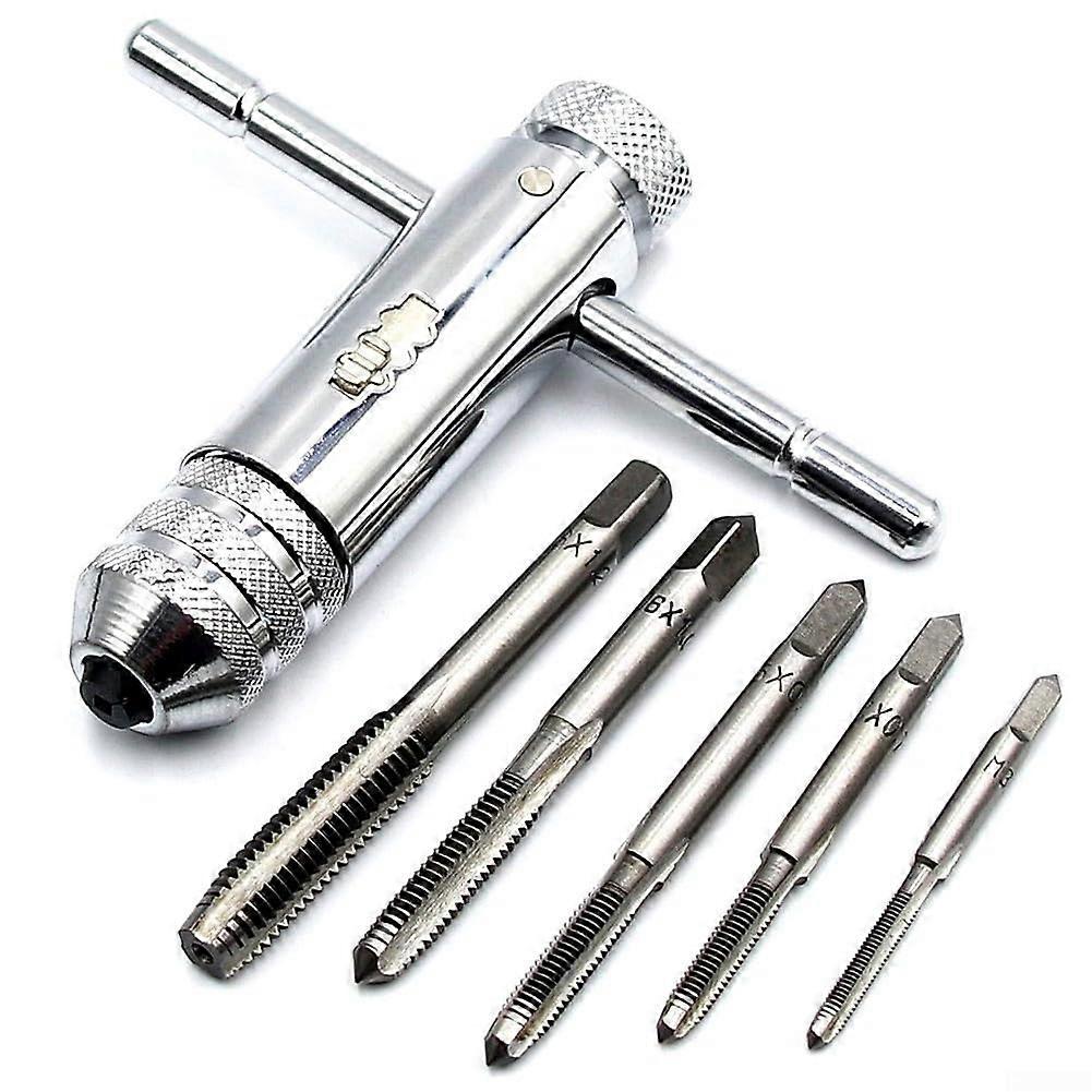 Stylish and robust design on an adjustable ratchet tap holder consisting of a complete set of five screwin taps (M8)