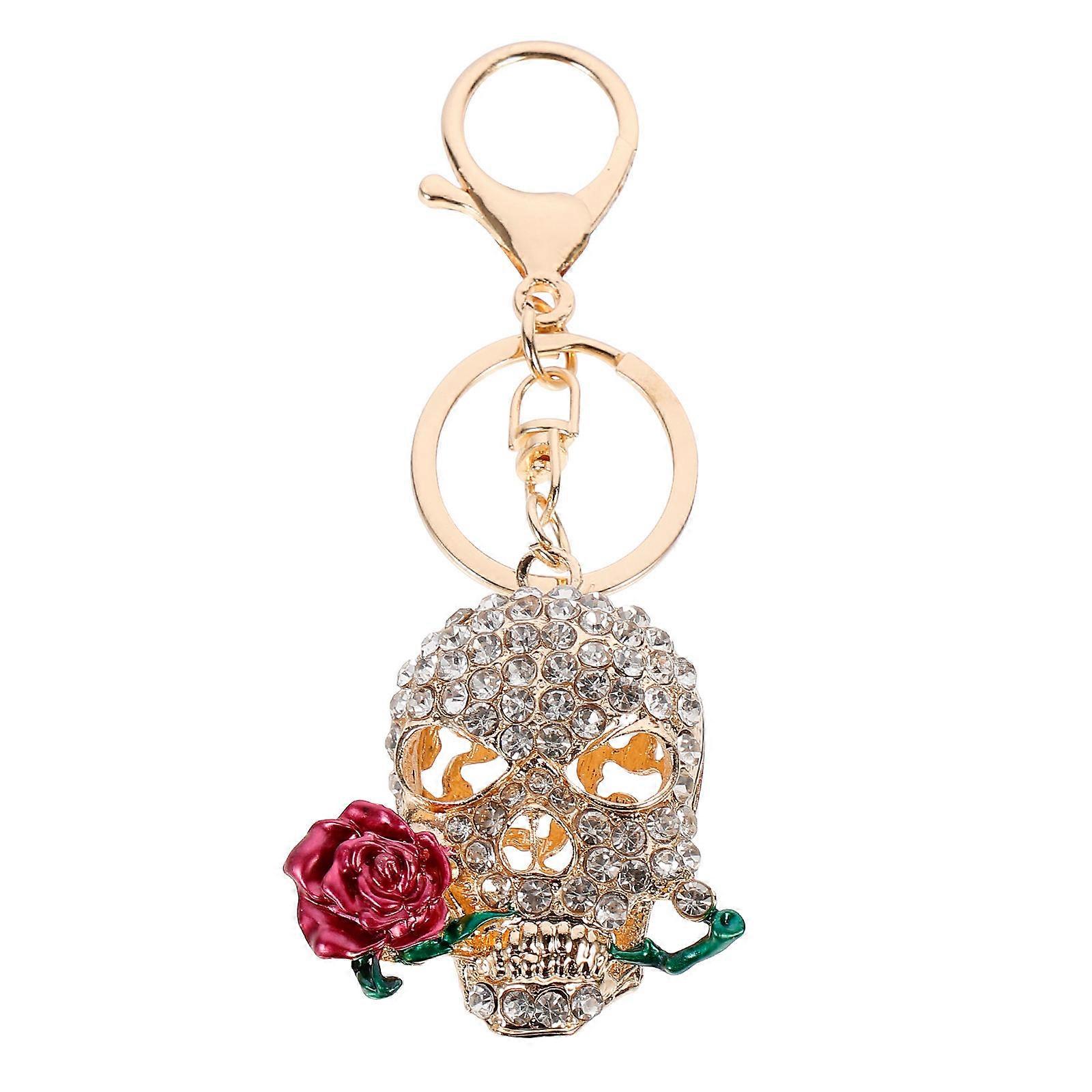 Skulls Keychain For Car Diamond-Encrusted Death Rose Car Key Pendant Metal Woman Bag Decor Dark Red 11.5*4.5cm Key Decoration 1Pc