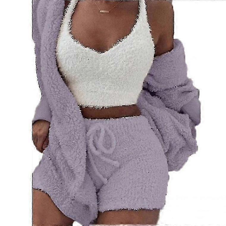 3 adet Peluş Pijama Seti Kadınlar Peluş Yelek Palto Şort Rahat Loungewear Seti
