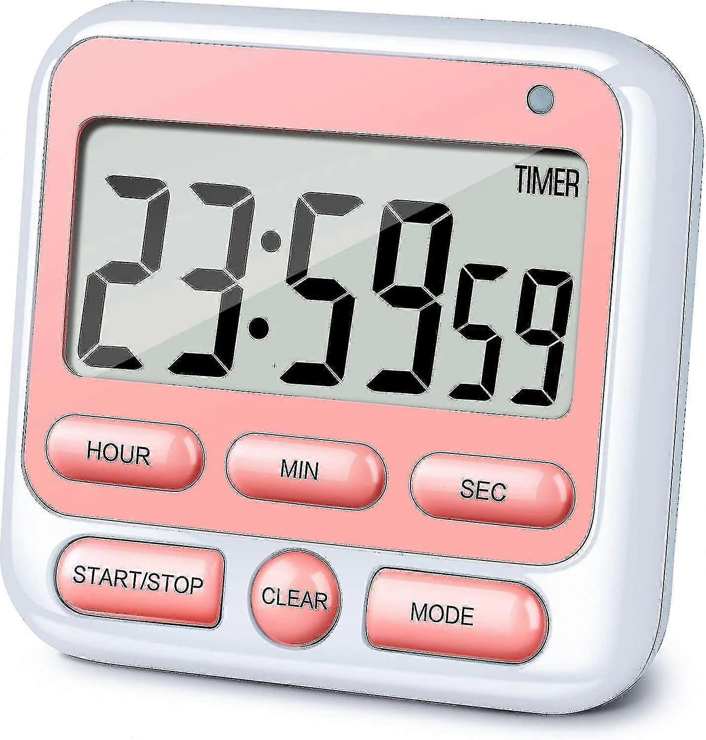 Kitchen Digital Timer with Silent/Loud Alarm, 24H Clock & Memory - Pink