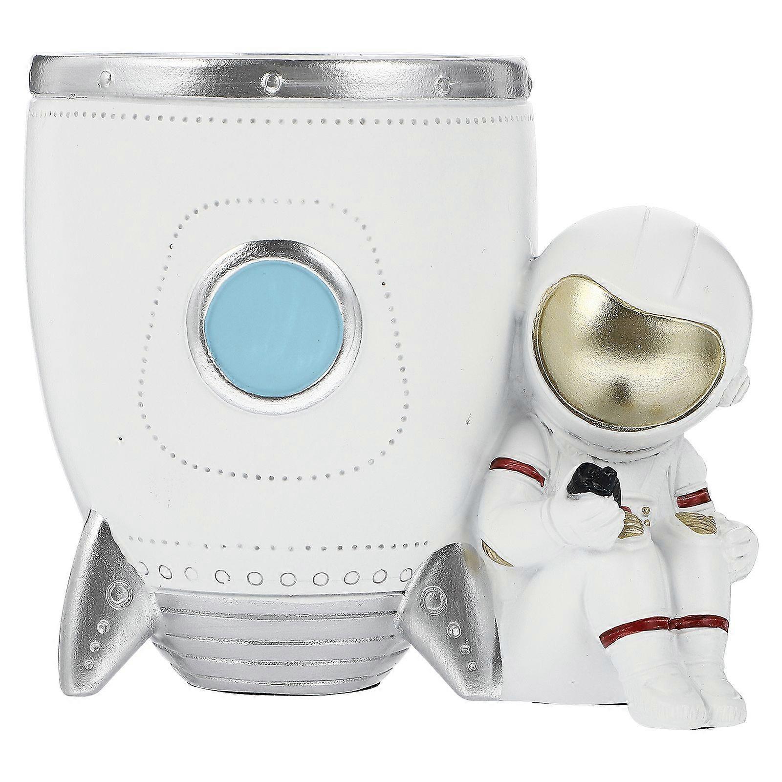 Lovely Resin Astronaut Rocket-shape Design Desktop Pen Holder For Storage