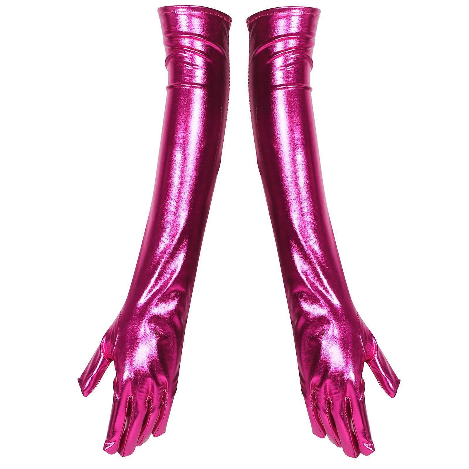 Long Faux Leather Gloves Rosy Shiny Spandex Women Dance Party Accessories Flexible Operation 1 Pair