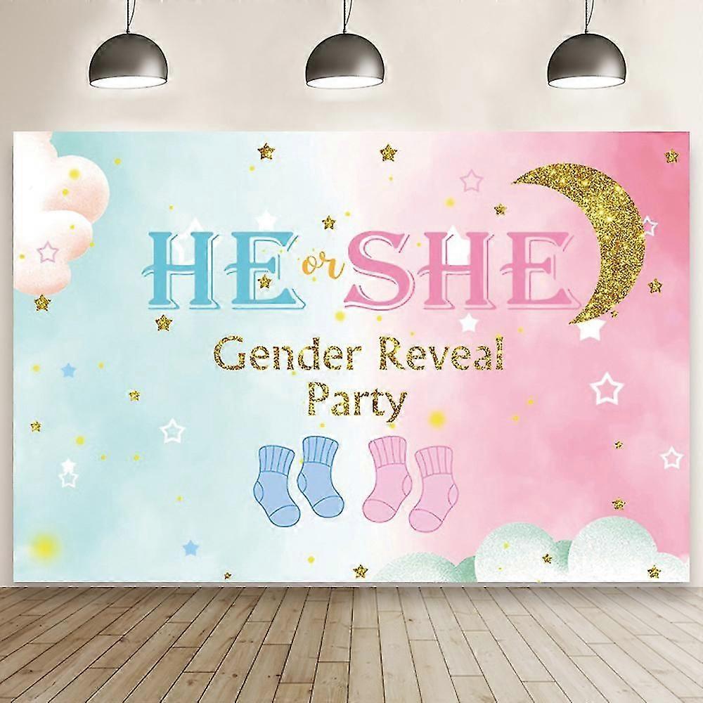 性別を明らかにする背景水彩青ピンクバナー男の子または女の子赤ちゃんはどうなるか性別を明らかにする装飾きらめく小さな星性別を明らかにする写真