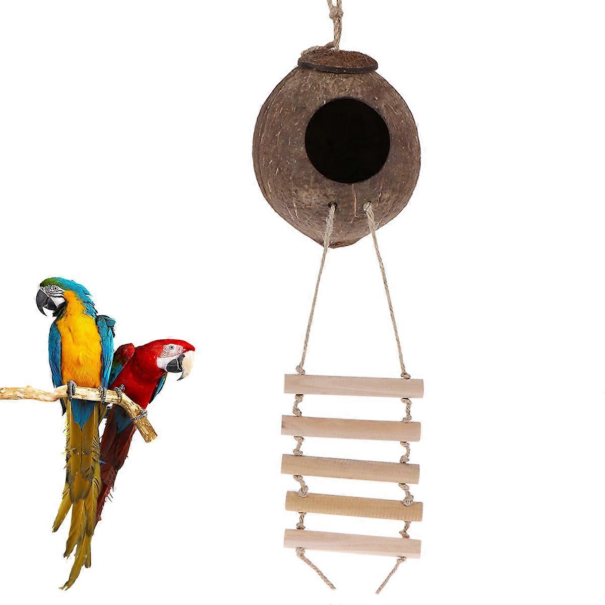 Natural Coconut Shell Bird Nest House with Ladder Pet Parrot Toy