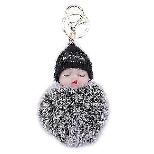 Sleeping Baby Doll Keychain Plush Fluffy Keyring Hanging Ornament for Men and Women ((two-tone plush black)