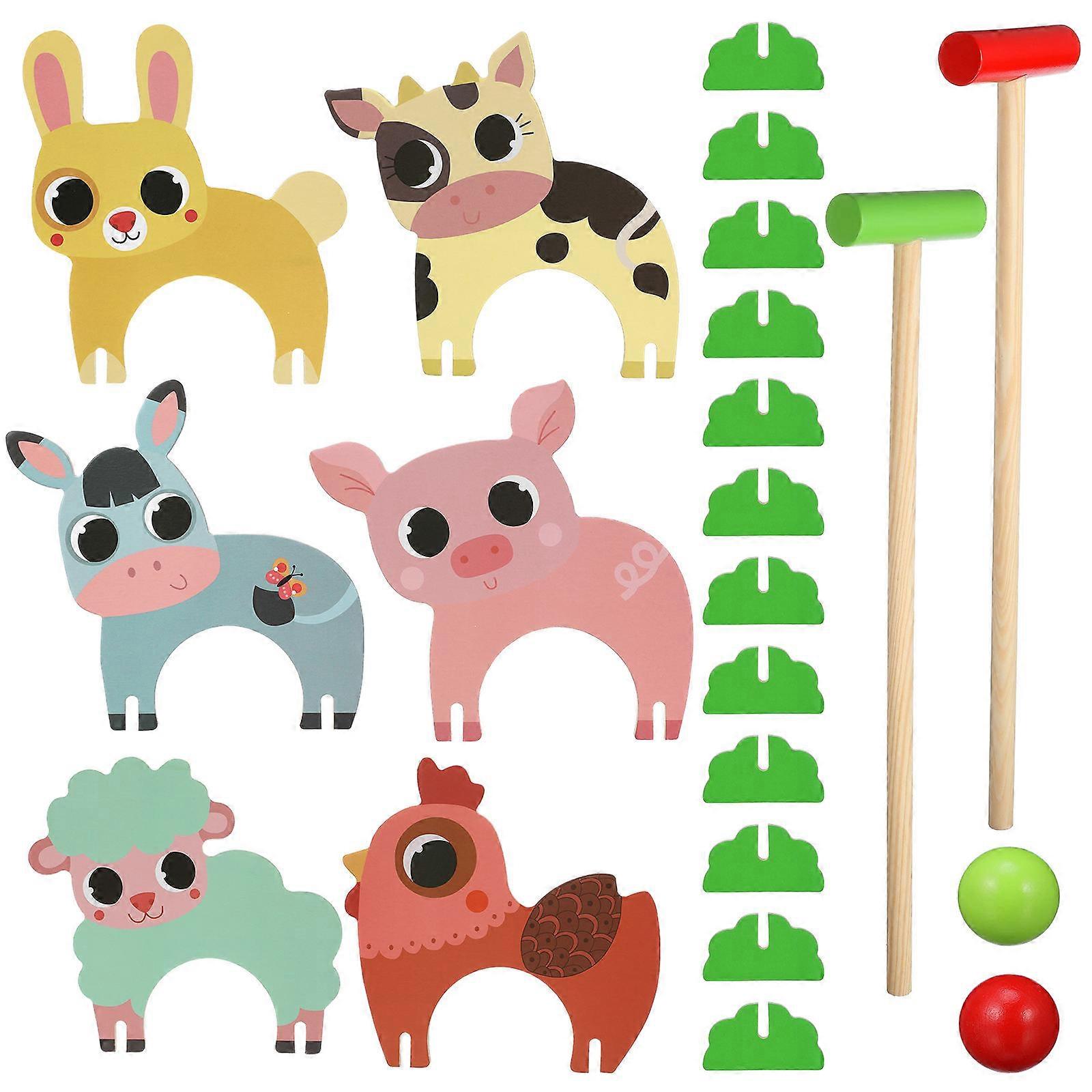 Cute Animal Croquet Fun Design Kids Croquet Set Family Interaction Wood Material Childrens Game Set 16.30X14.80X0.80CM 1Set