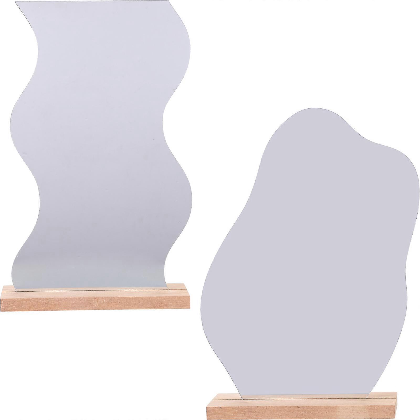 2pcs Aesthetic Cosmetic Mirrors with Wooden Base for Daily Use Silver Frameless Desk Mirror