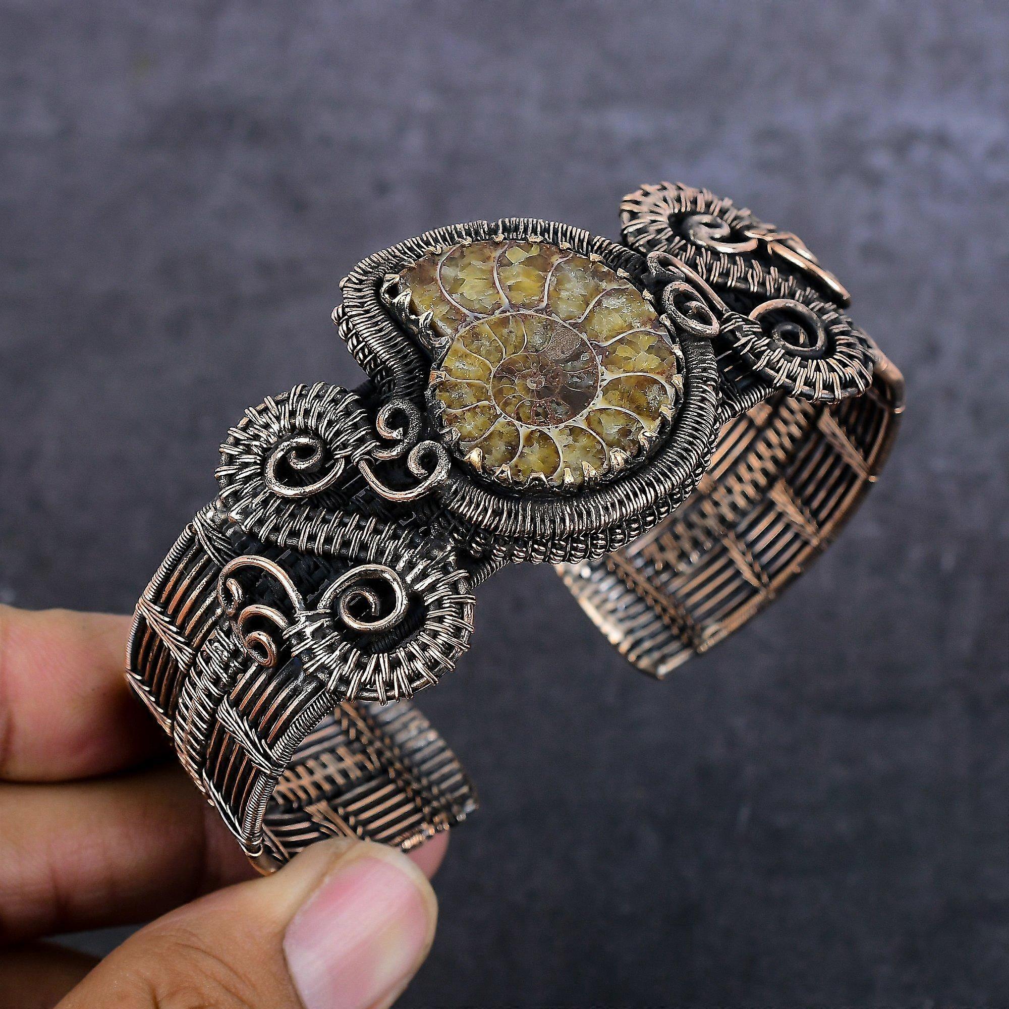 Natural Ammonite Fossil Gemstone Copper Wire Wrap Cuff Bangle Adjustable H1Q26