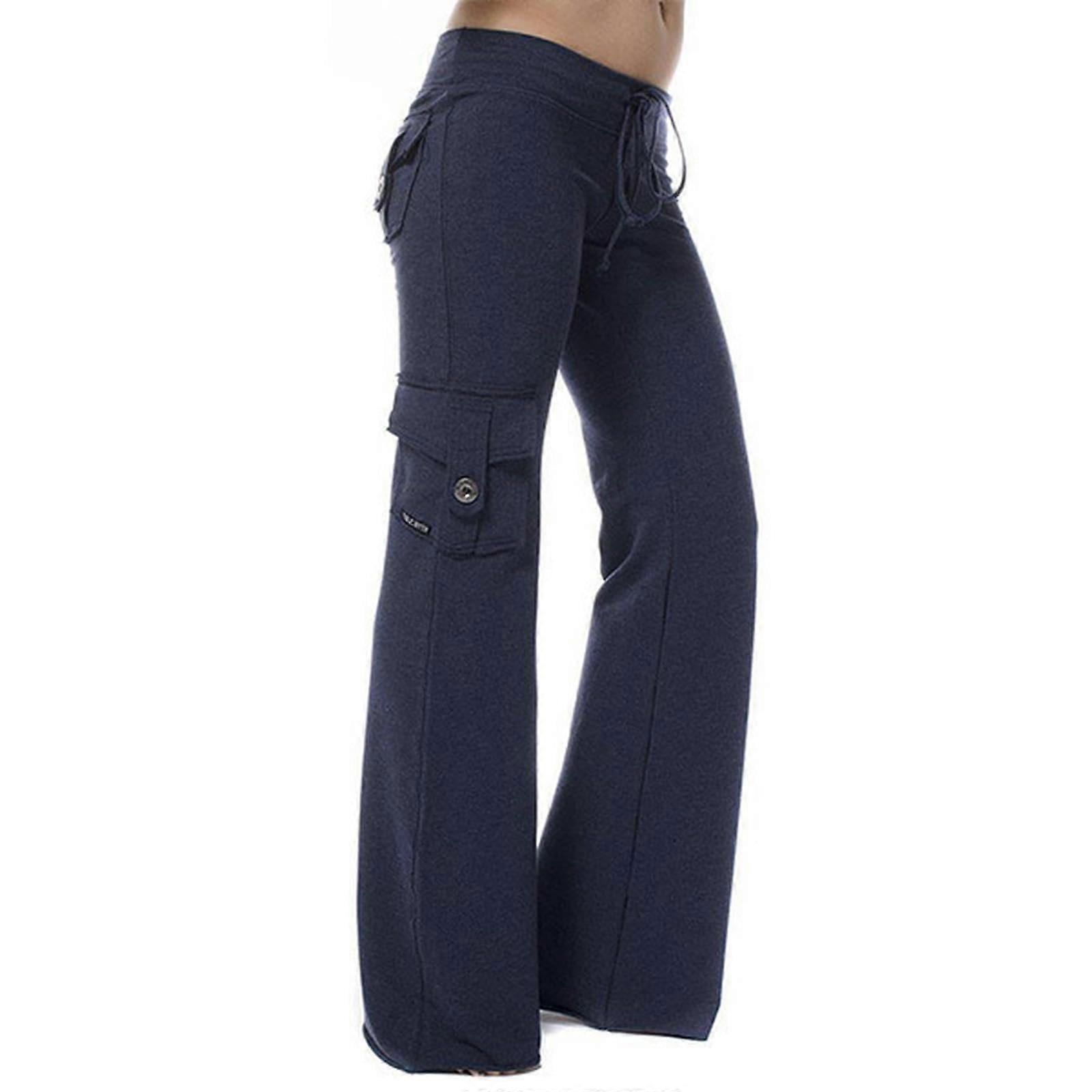 Elastic Waist Button Pocket Yoga Pants Blue XL