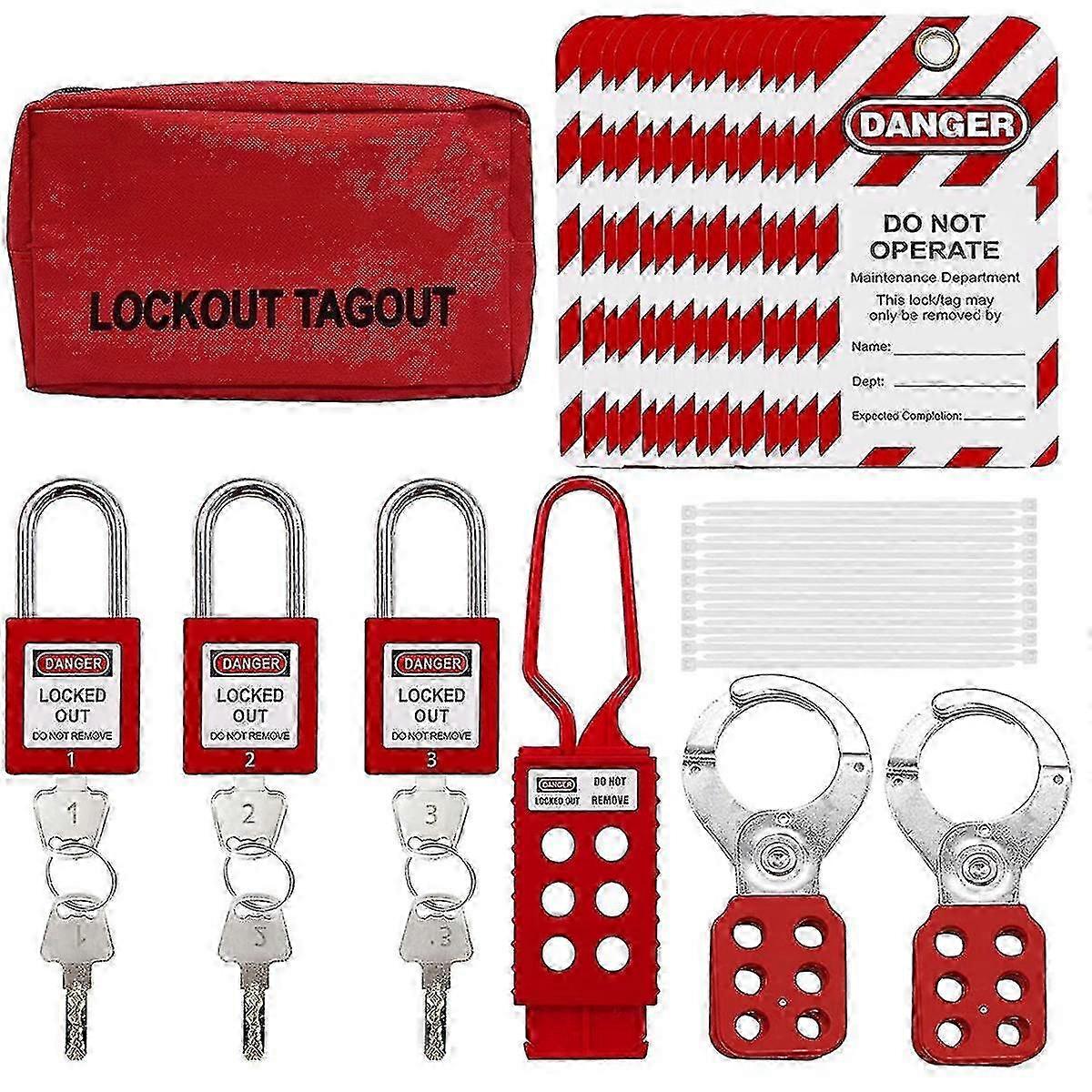 Lockout tag kit, nylon cable tie, safety padlock with number, group locking hasp, universal kit