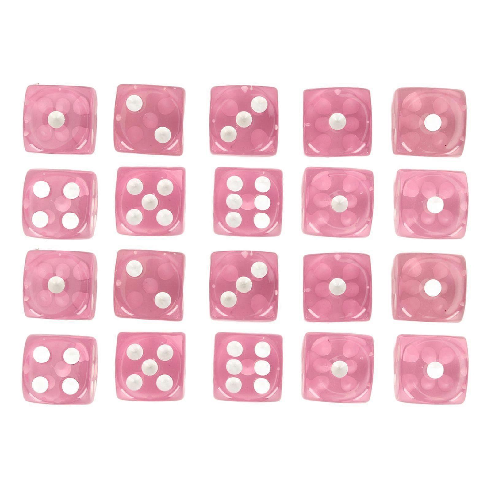 20pcs Dice Set 6 Sided Transparent Dices Rounded Corner Dice for Board Games and Teaching Math Pink with White Spots