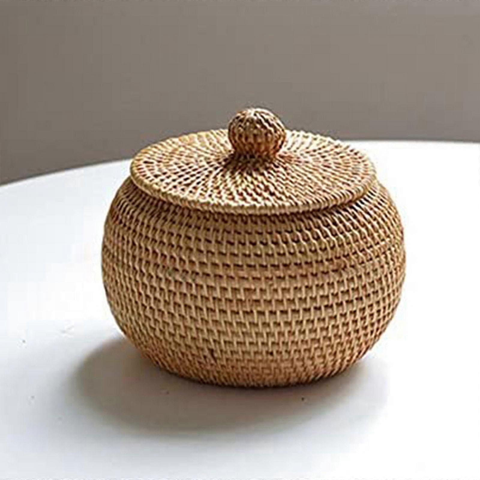 Round Rattan Storage Box with Lid, Hand Woven Decorative Tray, Multifunctional Desktop Organizer for Home, Natural Color