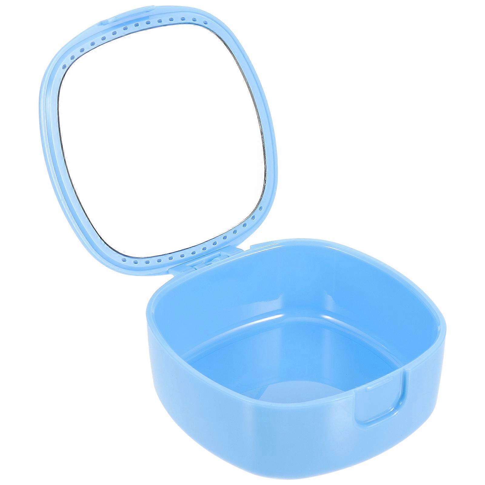Blue Denture Box Retainer Case with Mirror for Travel 2Pcs Brace Container