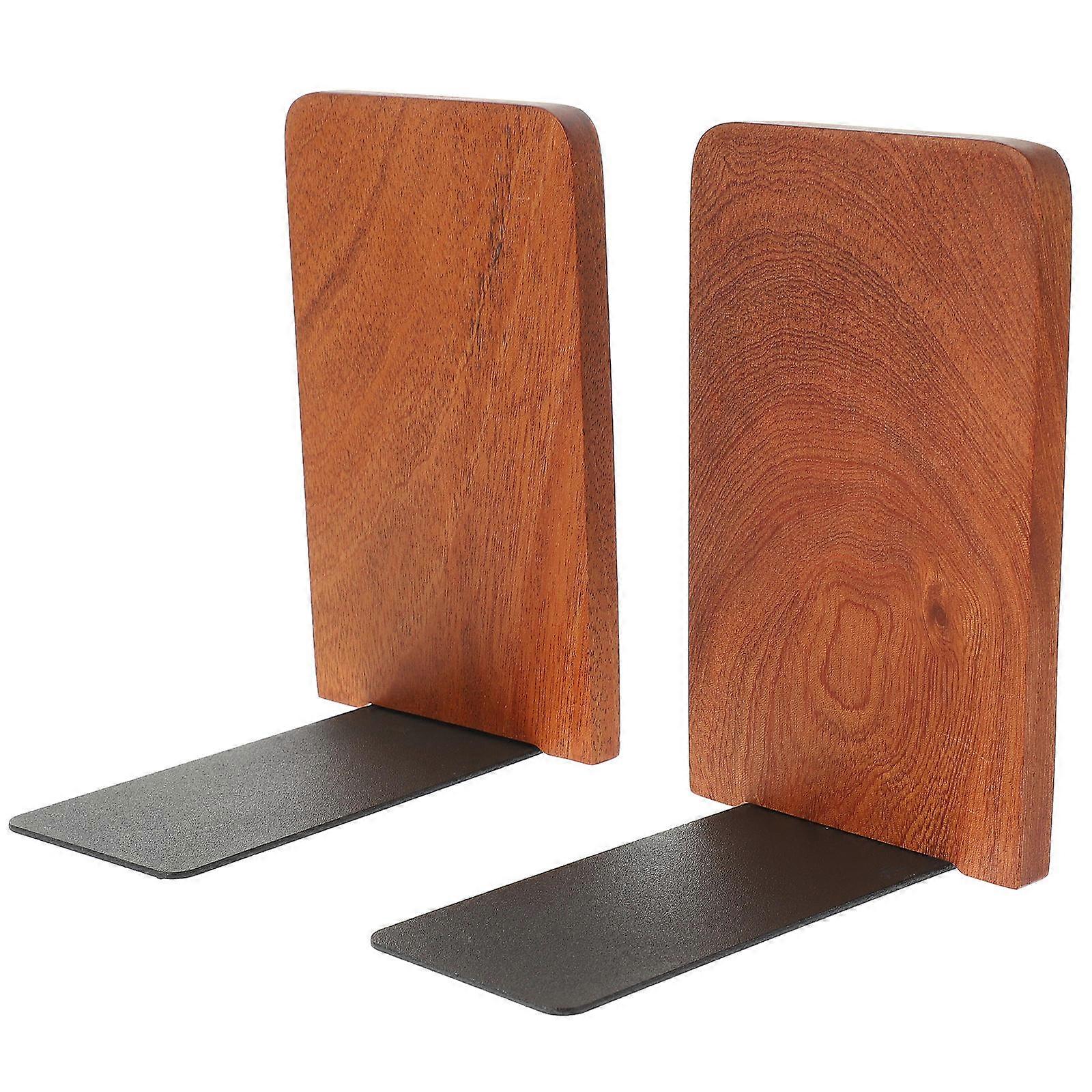 Wood and Metal Base Bookends for Study Desktop Use 4Pcs Brown Finish