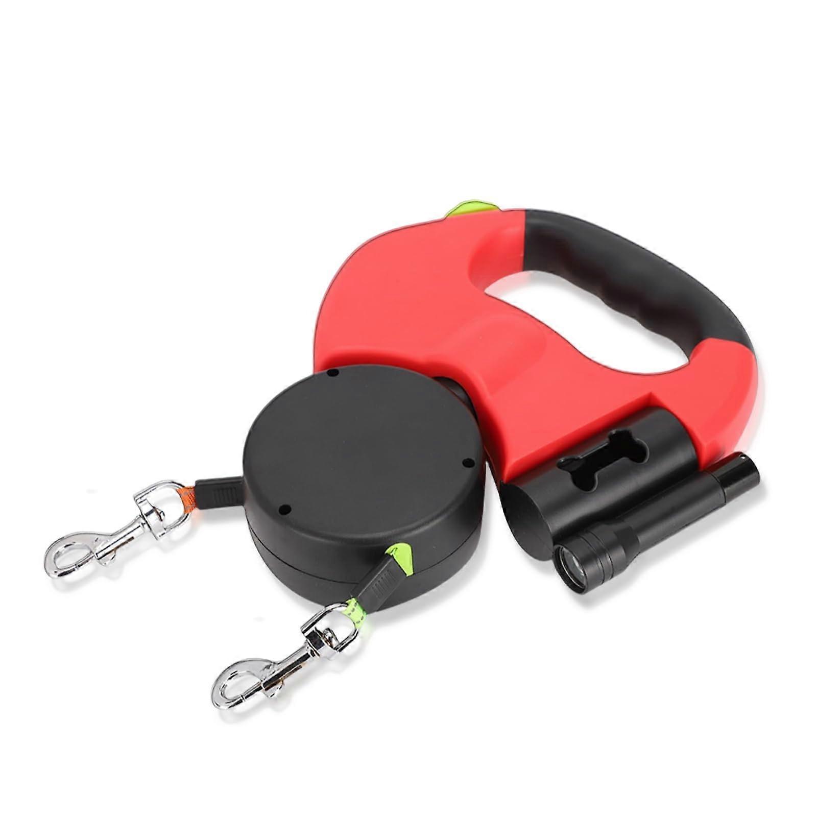 Double Dog Lead Retractable TwoDog Leash With NonSlip Handle 360 NoTangle Nylon Band LED Light Poop Bag Holder Red
