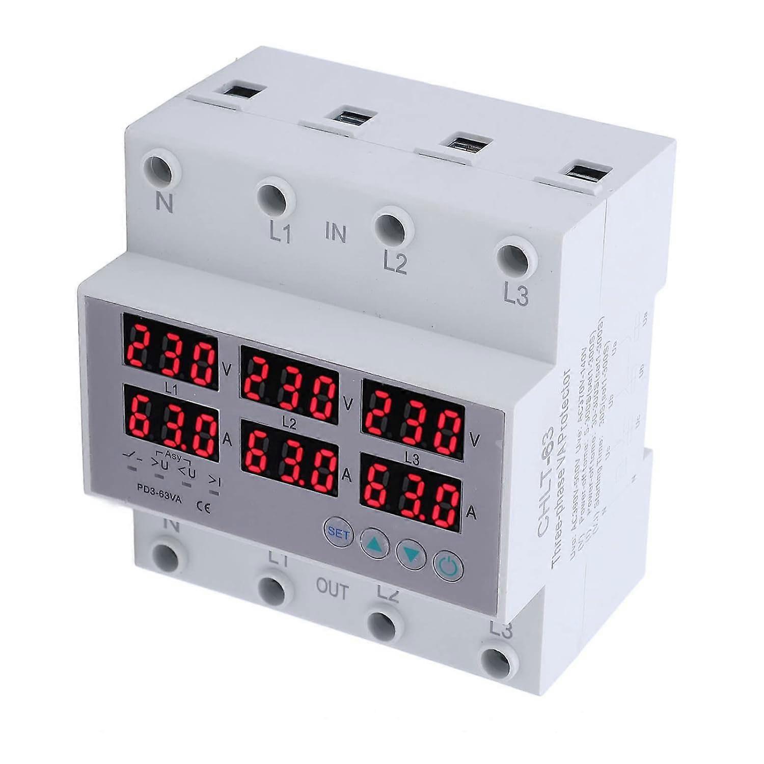 3 Phase Din Rail Voltmeter, CHLT 63 Digital LCD Display Automatic Reset Din Rail Voltmeter Ammeter AC390 to 500V Over Voltage AC370V to 140V Under Vol