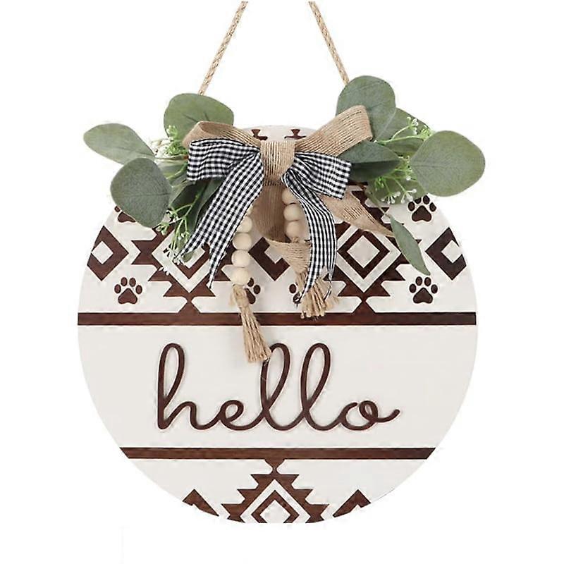 Boho 3D Hello Door Sign for Front Door, Farmhouse Front Porch Wreath with Footprints, Rustic Eucalyptus Door Sign
