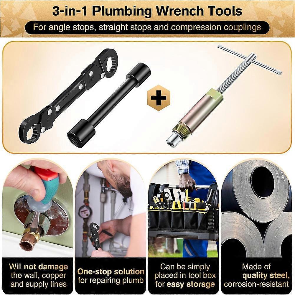 3-In-1 Plumbing Tool Angle Stop Wrench Set with Compression Socket Puller Tool, Water Pipe Wrench for Installing Angle