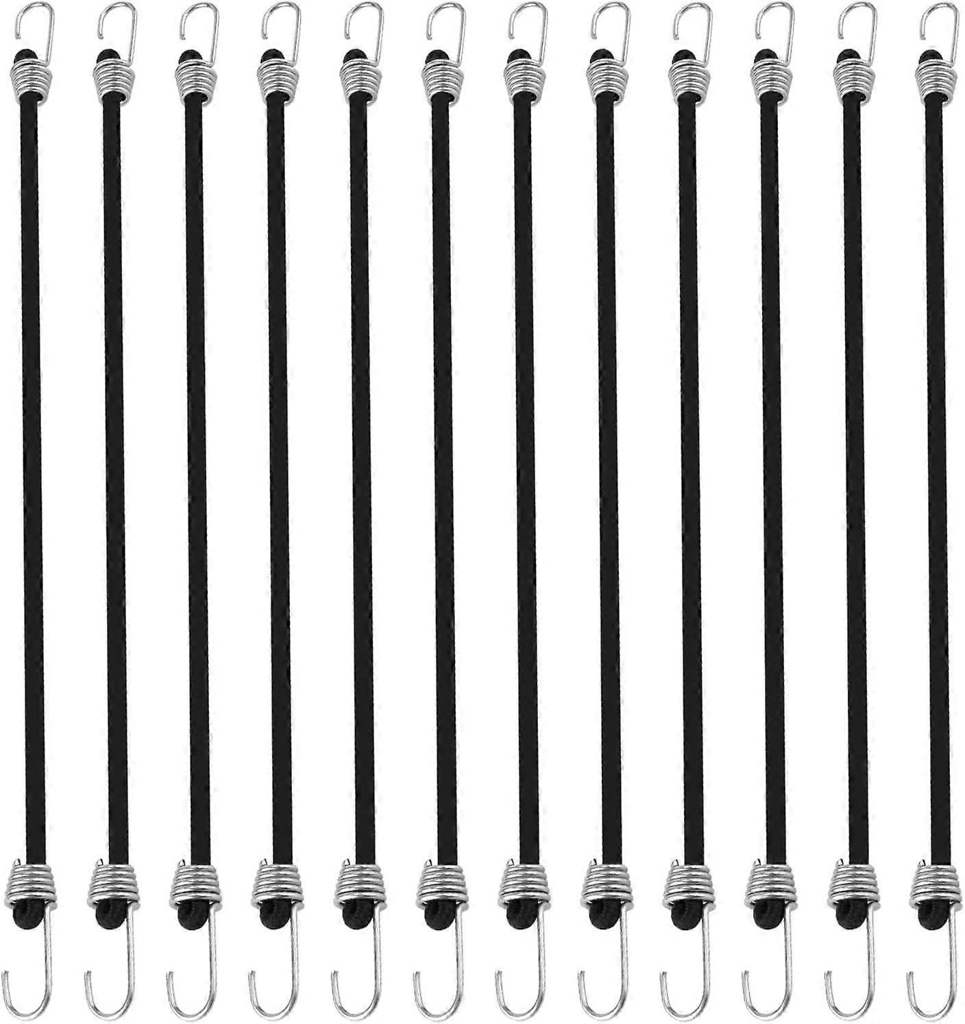 12 Pack Black Bungee Cords with Hooks, Latex Mini Bungee Rope Elastic Bungee