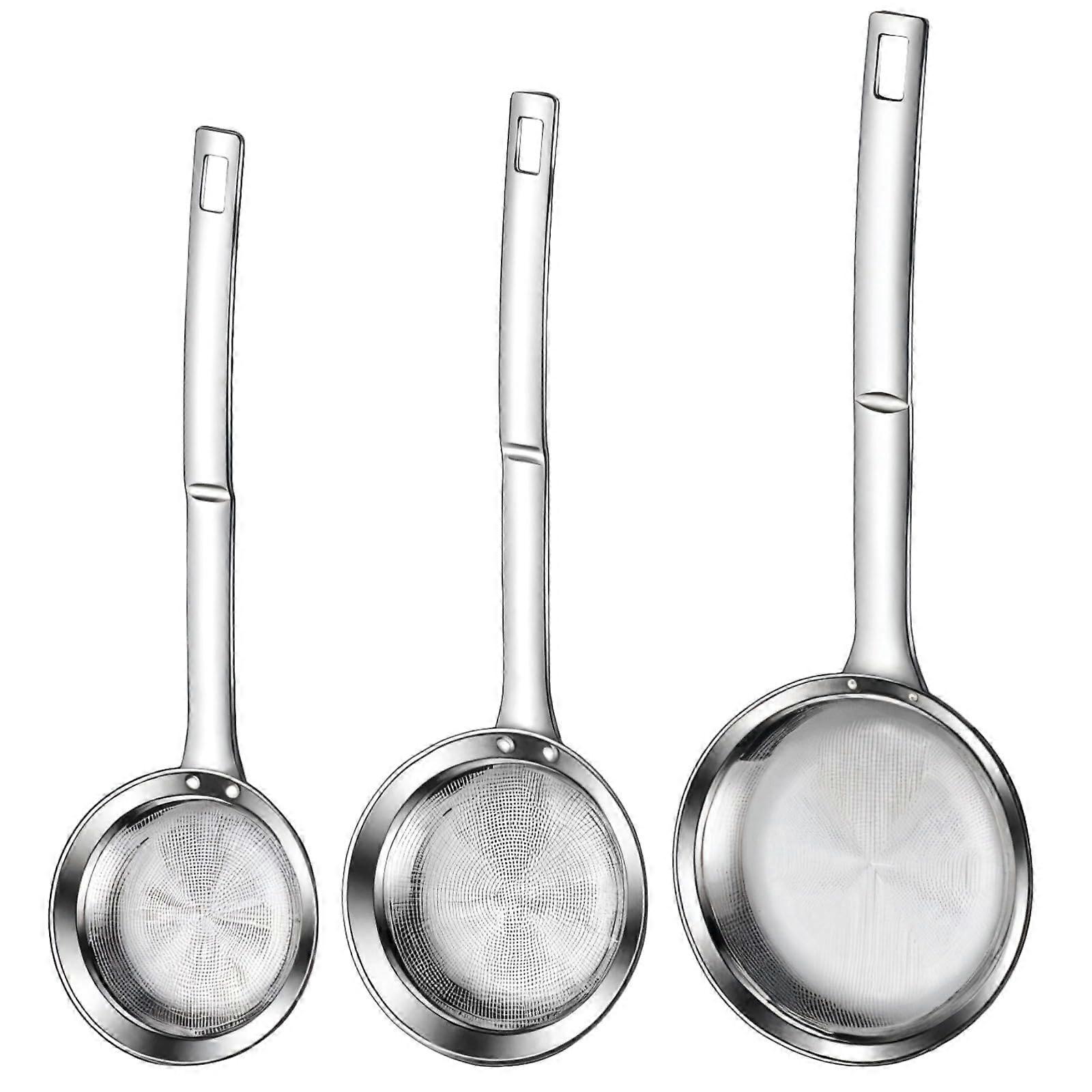 3 Pcs Fine Mesh Strainer Set with Long Handle, Stainless Steel Strainers for Oil Separation and Hot Pot