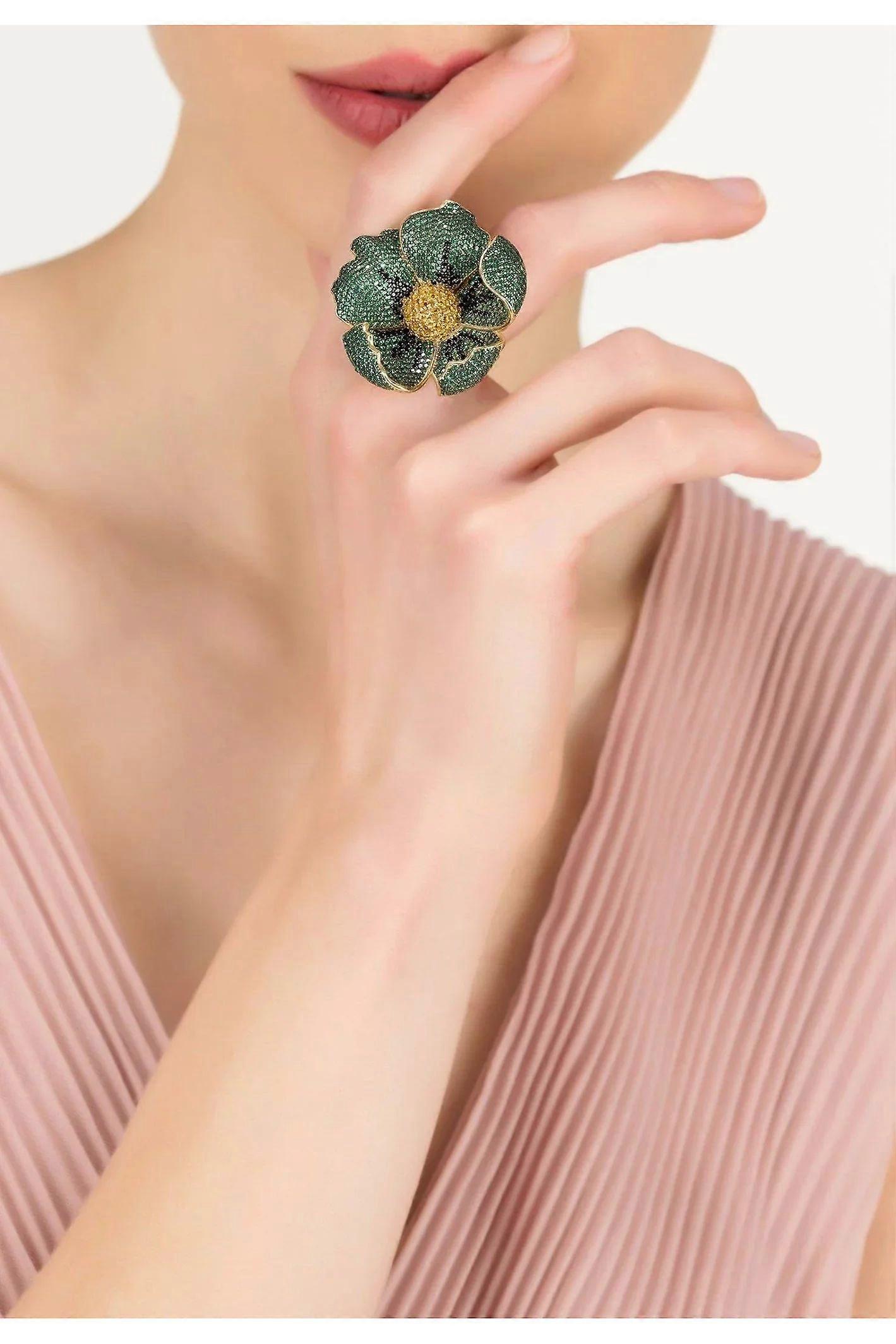 Latelita Women's One Size Adjustable Poppy Flower Gold Ring with Three Dimensional Emerald Green and Black Cubic Zirconia - Symbol of Eternal Life