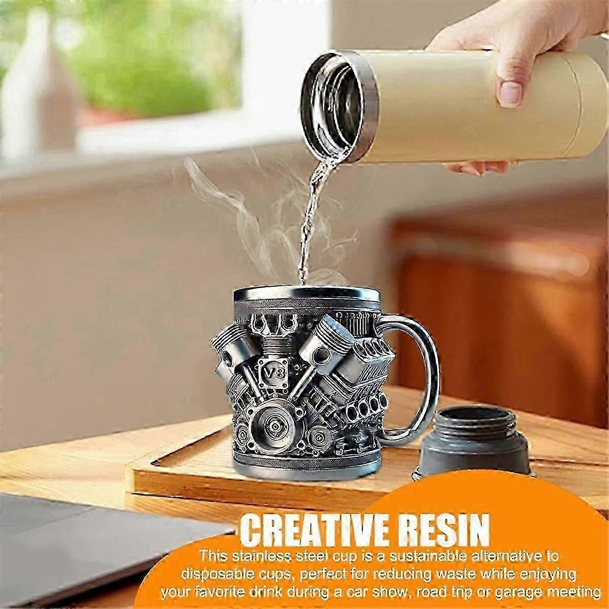 كوب قهوة من الفولاذ المقاوم للصدأ بمحرك V8، كوب قهوة بمحرك السيارة بمقبض معزول لمحبي السيارات