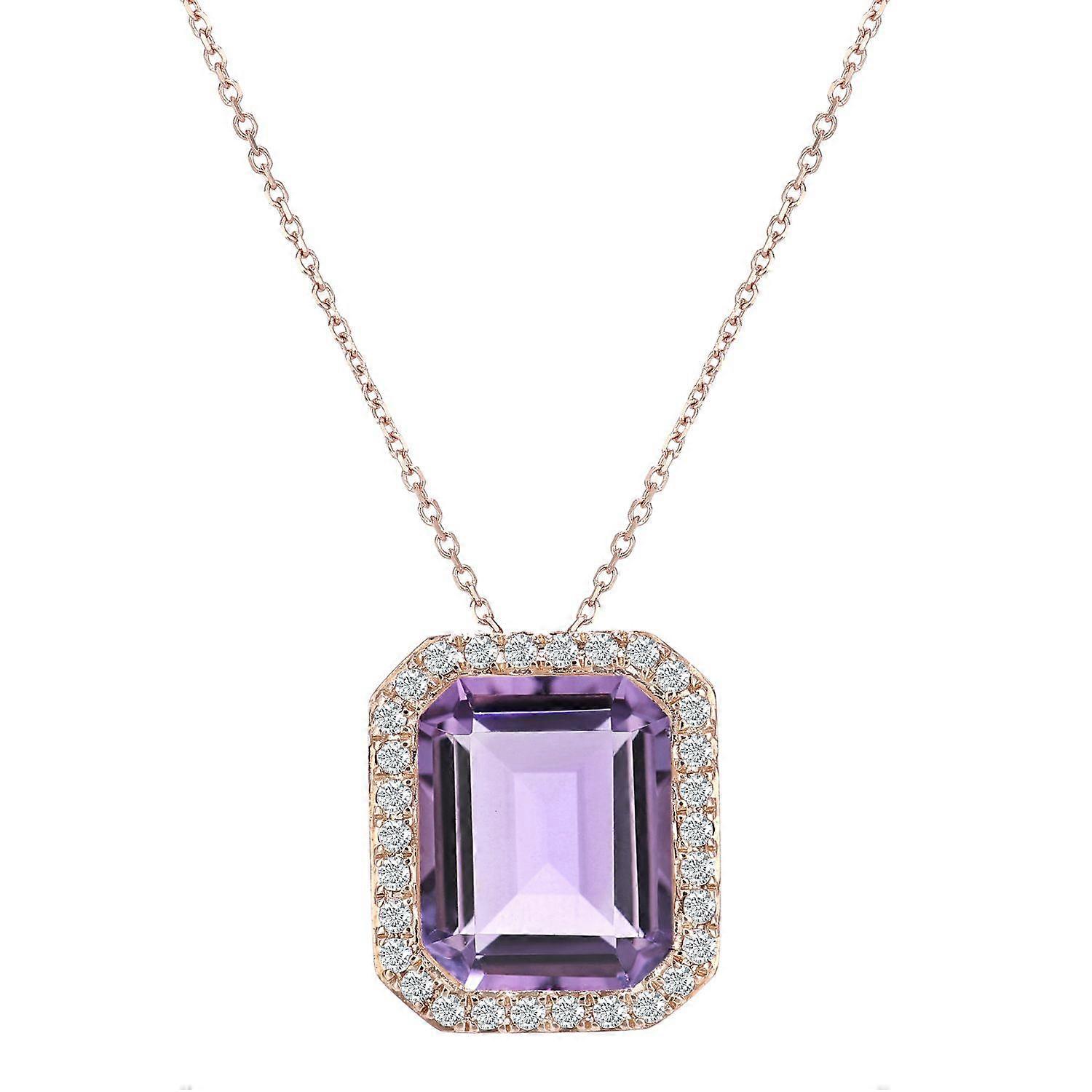 Jewelco London 9ct Rose Gold Round 15pts Diamond Octagon 3.3ct Amethyst Cocktail Pendant Necklace 16 inch 42cm