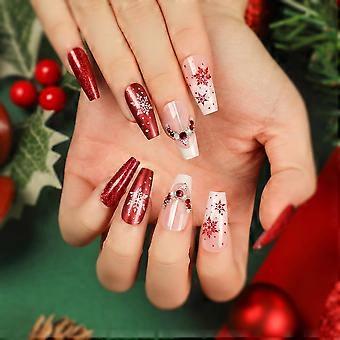 Weihnachtliche künstliche Fingernägel zum Aufkleben, rot, Sargform, mit Schneeflocken und Strasssteinen, 24 Stück