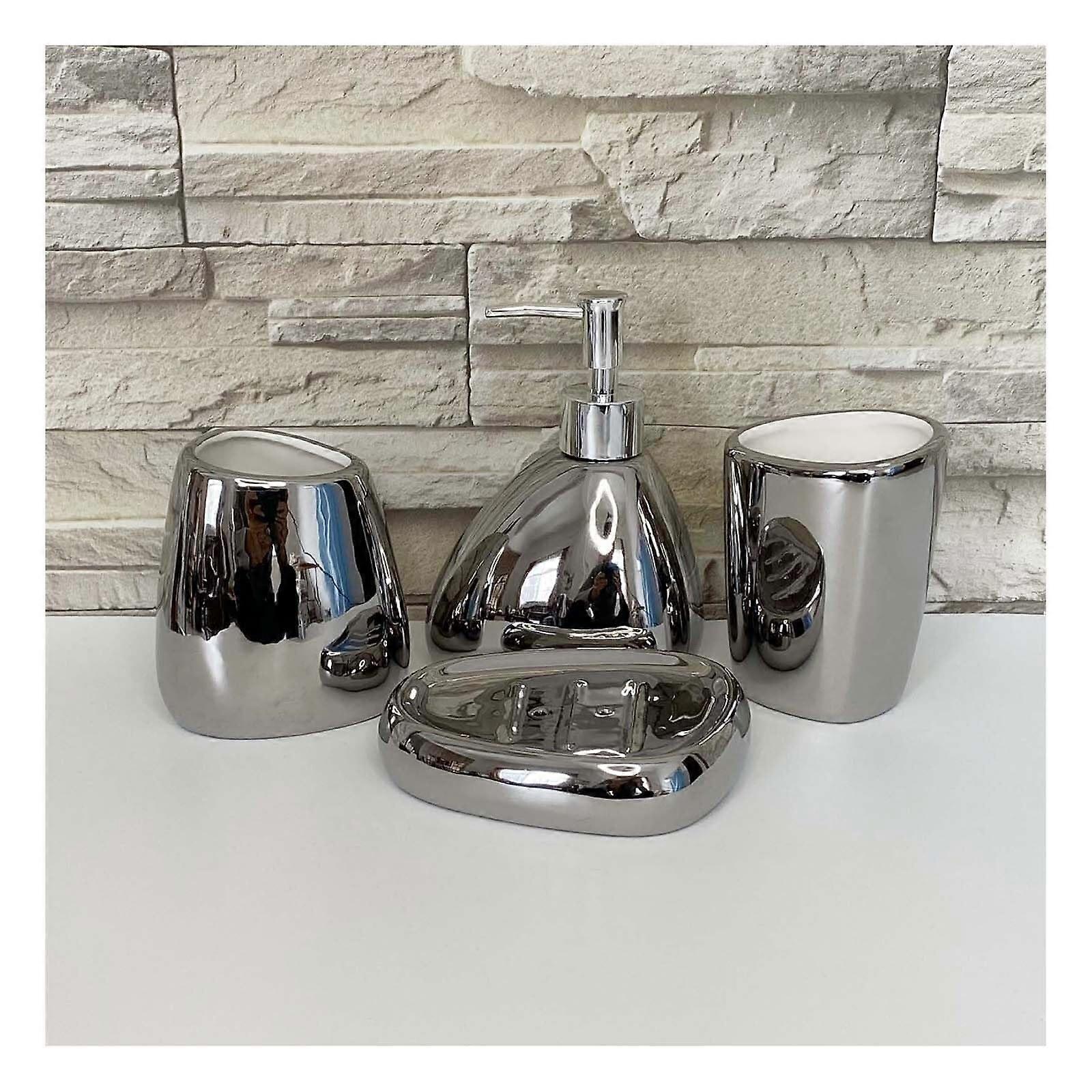 Bathroom Accessory Set 4 Piece Ceramic Rustic Decor with Soap Dispenser Cups and Dish