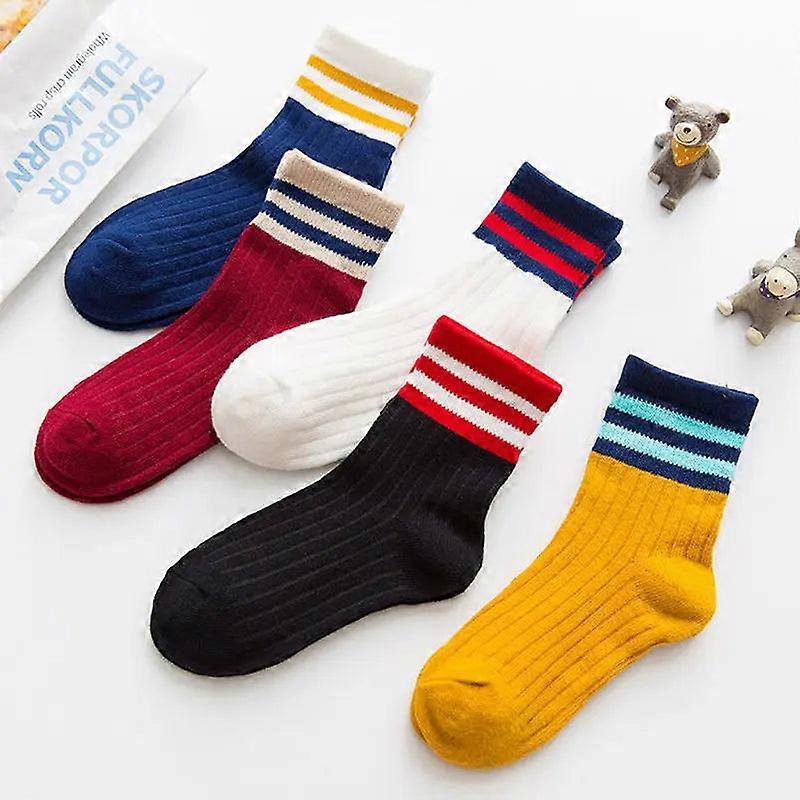 5 Pairs Kids Cotton Socks Set - Stripes & Solid Colors, Alphabet Design, High